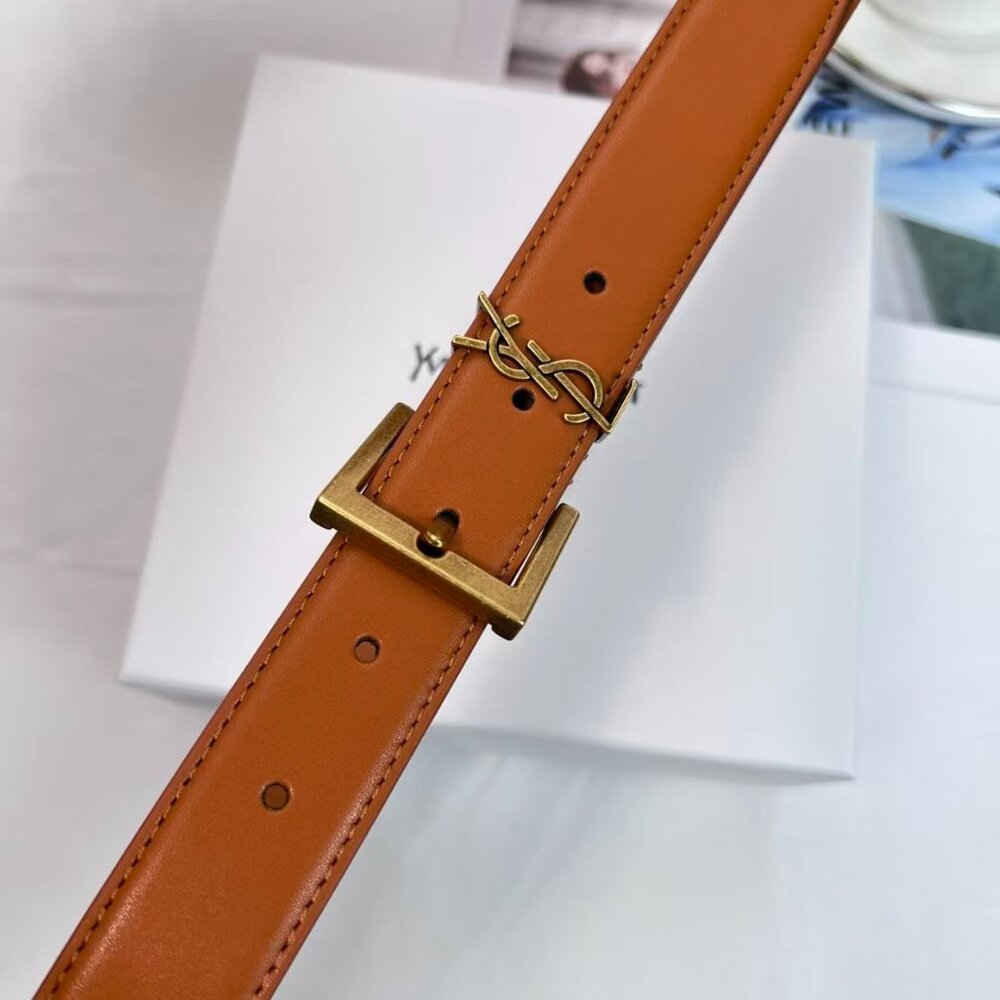 YSL Yves Saint Laurent Brown Cowhide Leather Belt Size 85 Gold Buckle - Picture 3 of 9